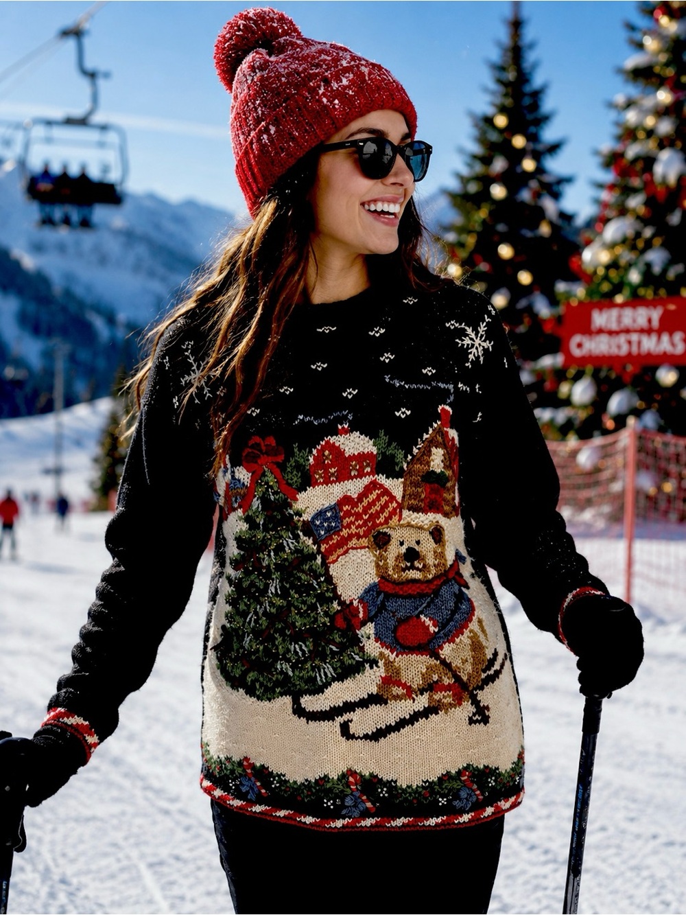 Tacky Ugly Christmas Sweater Teddy On Skis Next To Christmas Tree Women’s Size M